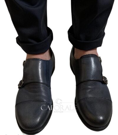 Scarpe Uomo Made in Italy Mod.6254 Doppia Fibbia Punt Blu