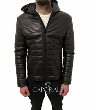 Giubbotto Uomo Vera Pelle Made in Italy Nero con Cappuccio